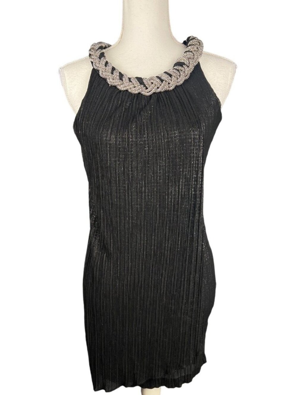 Donna Rico Black Pleated Dress With Beaded Collar Sleeveless Elegant Design size